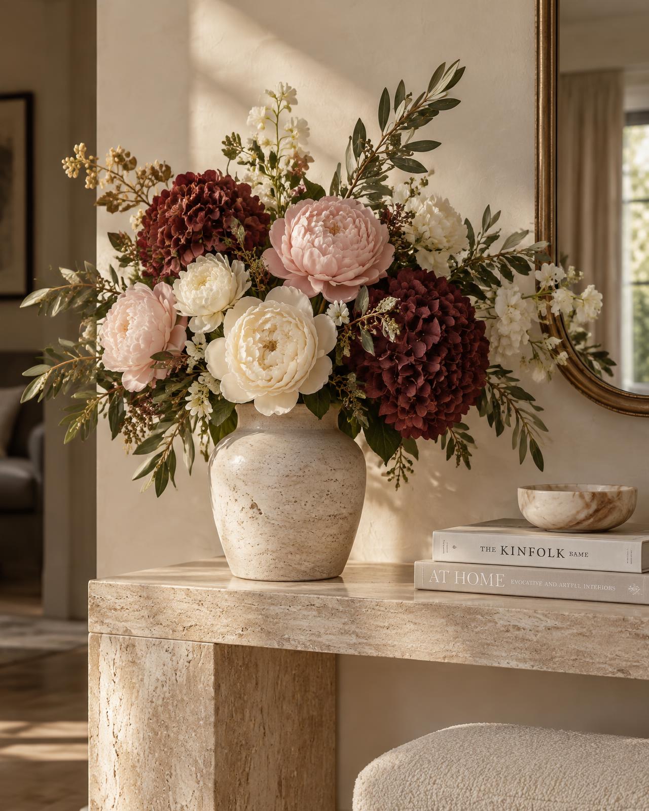 Arrangement of artificial flowers in blush, cream and bordeaux in a travertine vase on a stone console